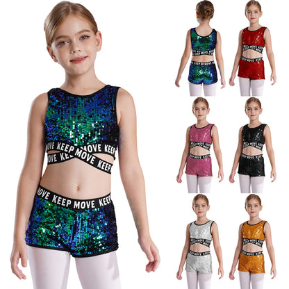Girls Sequin Dance Top & Shorts Set (Age 4-16YRS)