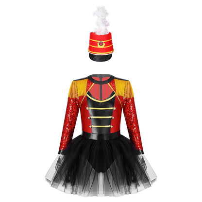 Girls Circus Ringmaster Magician Sequin Leotard Tutu Dress Costume (Age 6-16 YRS)