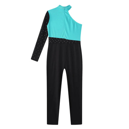 Girls Gymnastics Rhinestones Sheer Mesh Jumpsuit (Age 6-16 YRS)
