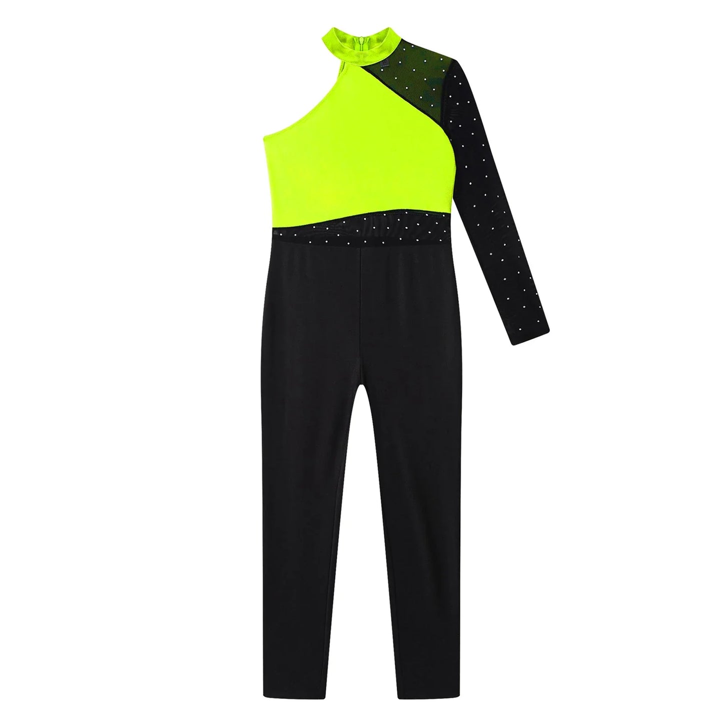 Girls Gymnastics Rhinestones Sheer Mesh Jumpsuit (Age 6-16 YRS)