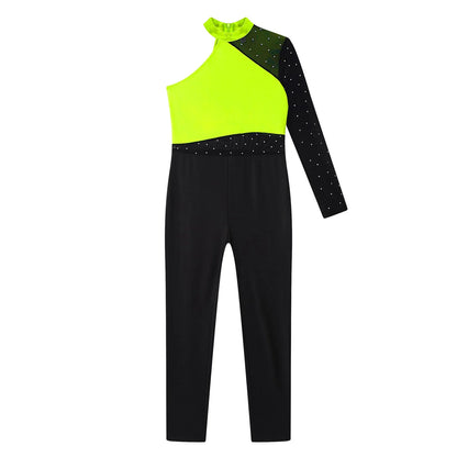 Girls Gymnastics Rhinestones Sheer Mesh Jumpsuit (Age 6-16 YRS)