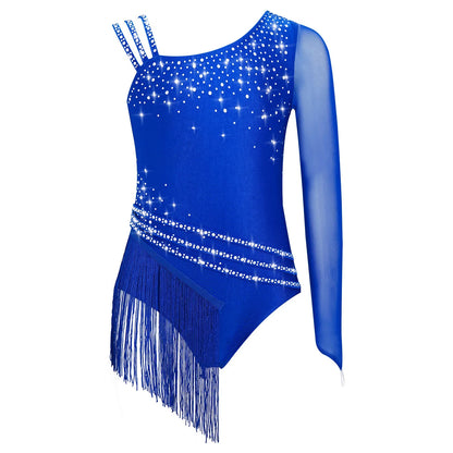 Girls Figure Skating Rhinestone Irregular Tassel Bodysuit Leotard (Age  6-16YRS)