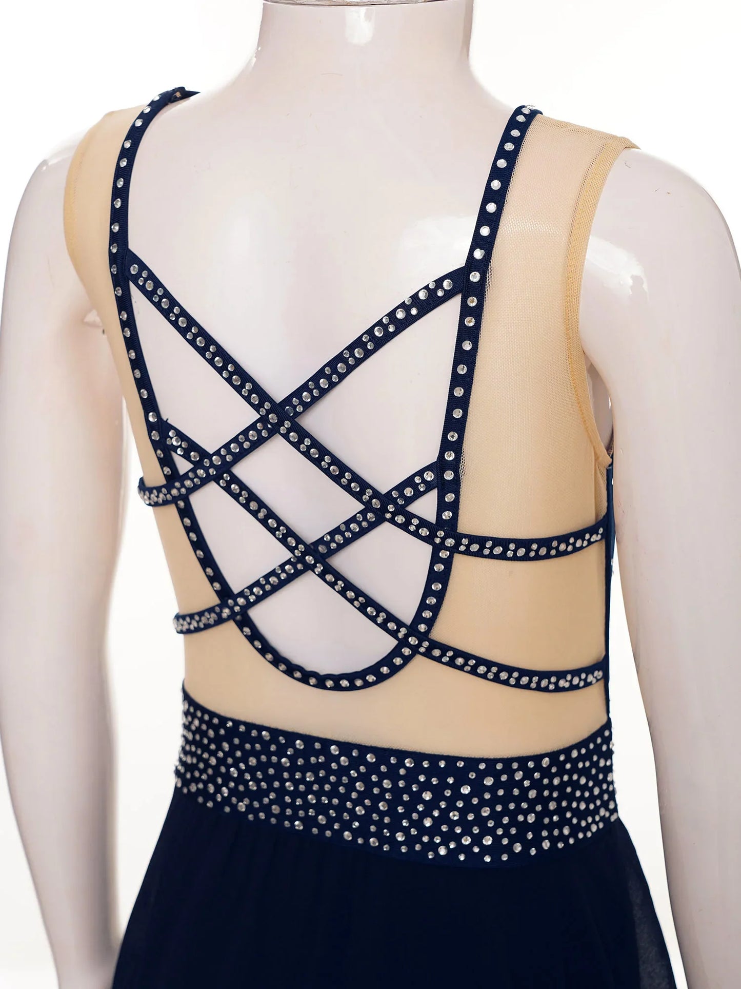 Rhinestone Gymnastics Figure Skating Dress for Teen Girls Sleeveless Sheer Mesh Tutu Ballet Leotard Lyrical Performance Costume