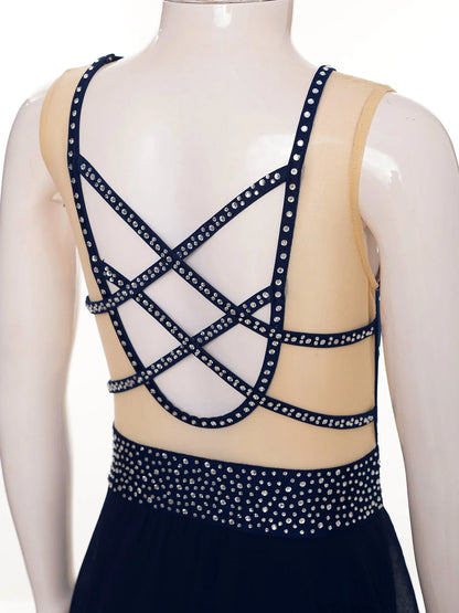 Rhinestone Gymnastics Figure Skating Dress for Teen Girls Sleeveless Sheer Mesh Tutu Ballet Leotard Lyrical Performance Costume