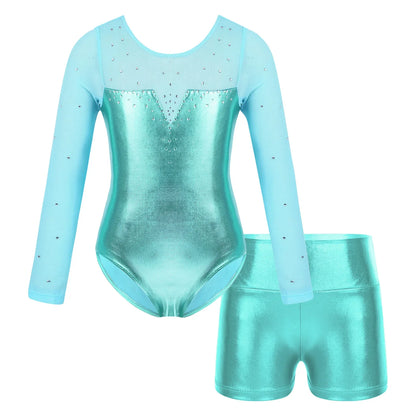 Girls Rhinestone Metallic Dance Bodysuit & Shorts Set (Age 4-12 YRS)