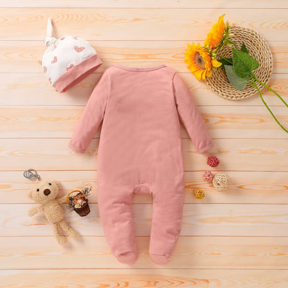 Baby Girls Cotton Long-sleeve Love Heart Print Footed Jumpsuit with Hat Set (Age 3M-18M)