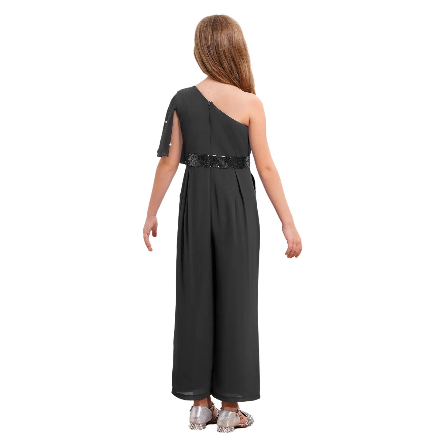 Girls One Shoulder PearlSequin Ruffled Wide Leg Jumpsuit (Age 6-14YRS)