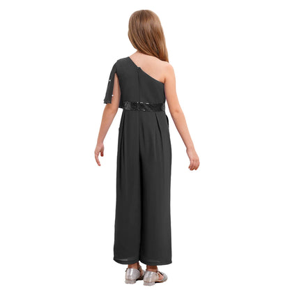 Girls One Shoulder PearlSequin Ruffled Wide Leg Jumpsuit (Age 6-14YRS)