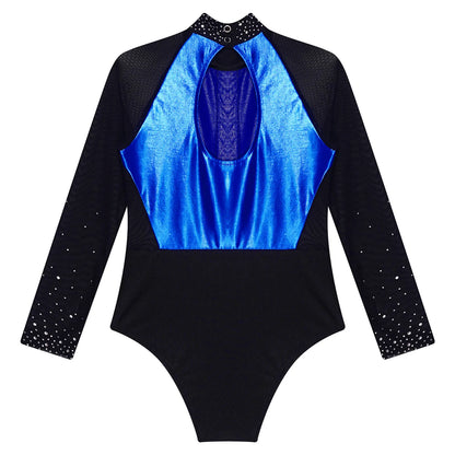 Girls Dance Performance Costume Long Sleeve Rhinestone Leotard (Age 6-16 YRS)