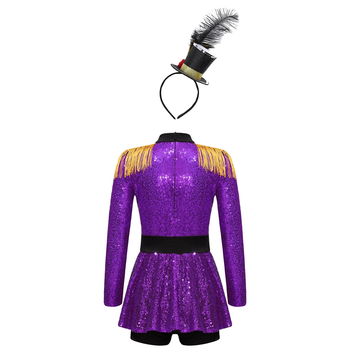 Girls Halloween Circus Ringmaster  Costume Long Sleeve Sequin Leotard Dress (Age 6-14YRS)
