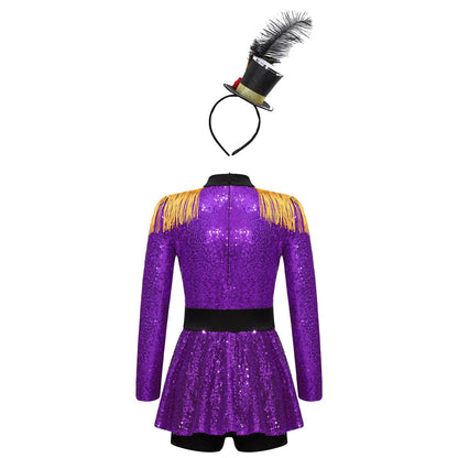 Girls Halloween Circus Ringmaster  Costume Long Sleeve Sequin Leotard Dress (Age 6-14YRS)