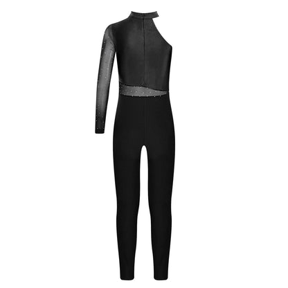 Girls Gymnastics Rhinestones Sheer Mesh Jumpsuit (Age 6-16 YRS)