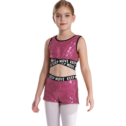 Girls Sequin Dance Top & Shorts Set (Age 4-16YRS)