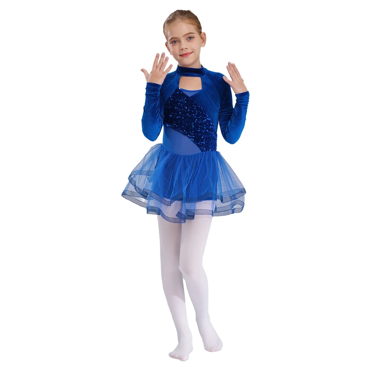 Girls Figure Skating Dance Costume Sequin Long Sleeve Velvet Mesh Leotard Dress (Age 6-14 YRS)