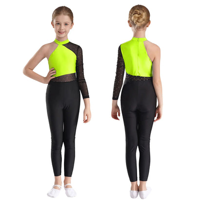 Girls Gymnastics Rhinestones Sheer Mesh Jumpsuit (Age 6-16 YRS)