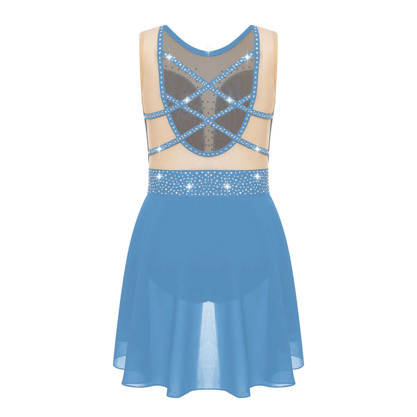 Rhinestone Gymnastics Figure Skating Dress for Teen Girls Sleeveless Sheer Mesh Tutu Ballet Leotard Lyrical Performance Costume