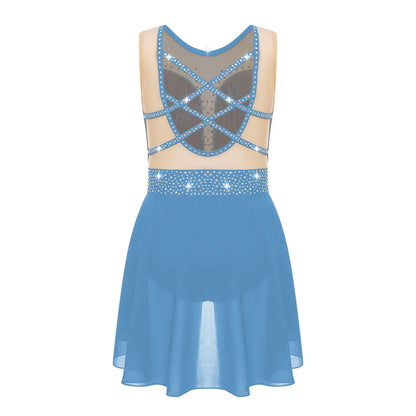 Rhinestone Gymnastics Figure Skating Dress for Teen Girls Sleeveless Sheer Mesh Tutu Ballet Leotard Lyrical Performance Costume