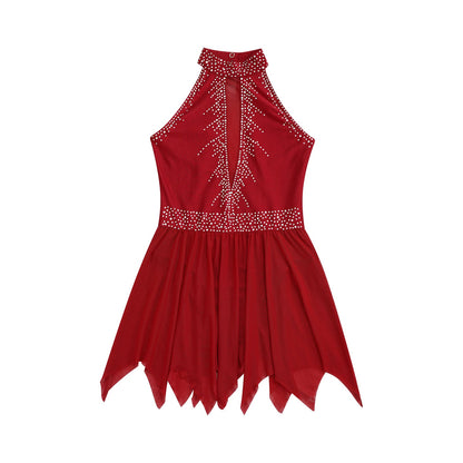 Girls Figure Skating Sleeveless Shiny Rhinestone Leotard Dress (Age 6-16 YRS)