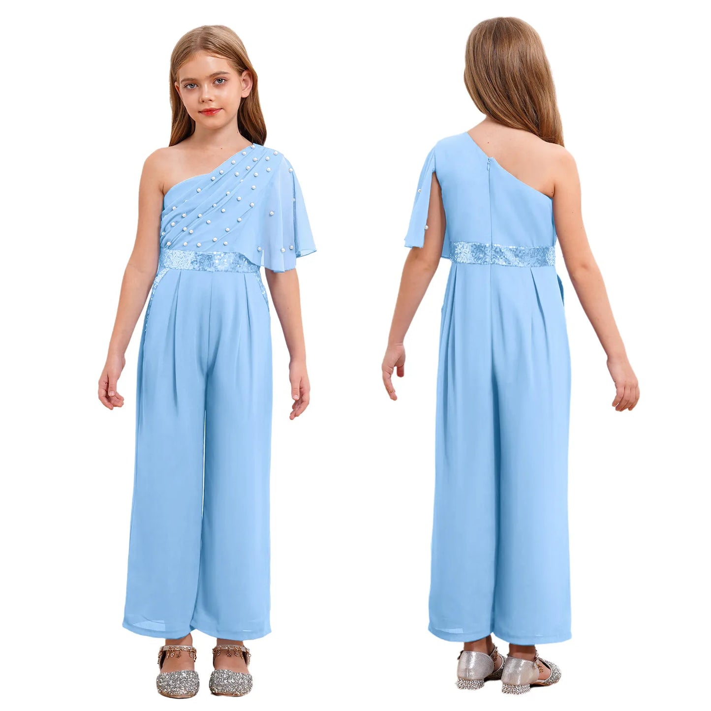 Girls One Shoulder PearlSequin Ruffled Wide Leg Jumpsuit (Age 6-14YRS)