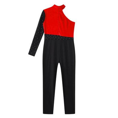 Girls Gymnastics Rhinestones Sheer Mesh Jumpsuit (Age 6-16 YRS)