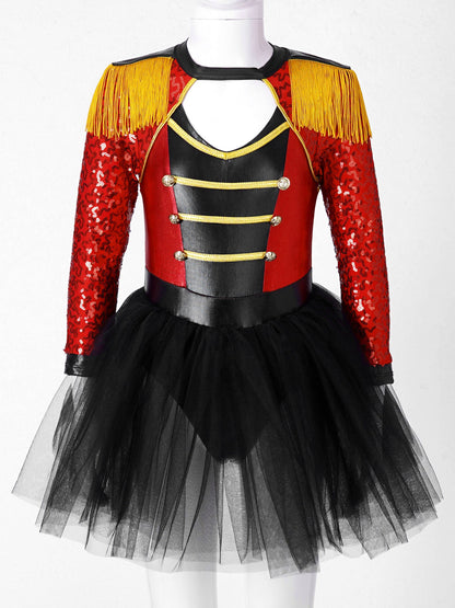 Girls Circus Ringmaster Magician Sequin Leotard Tutu Dress Costume (Age 6-16 YRS)