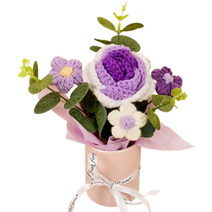 Handmade Crochet Knitted Flower Bouquet,Rose & Sunflower Bouquet - Home Decor & Gift for Woman Wife Mom Purple