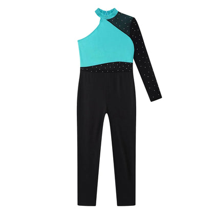 Girls Gymnastics Rhinestones Sheer Mesh Jumpsuit (Age 6-16 YRS)