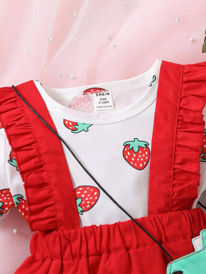 Baby Girls Strawberry Print Top & Red Cotton Dress & Bag Set (Age 6M-3YRS)