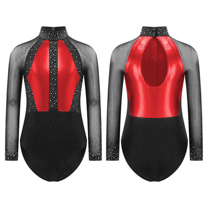 Girls Dance Performance Costume Long Sleeve Rhinestone Leotard (Age 6-16 YRS)