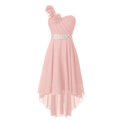Girls Applique One-Shoulder Ruched Asymmetrical Hem Dress (Age 6-16YRS)
