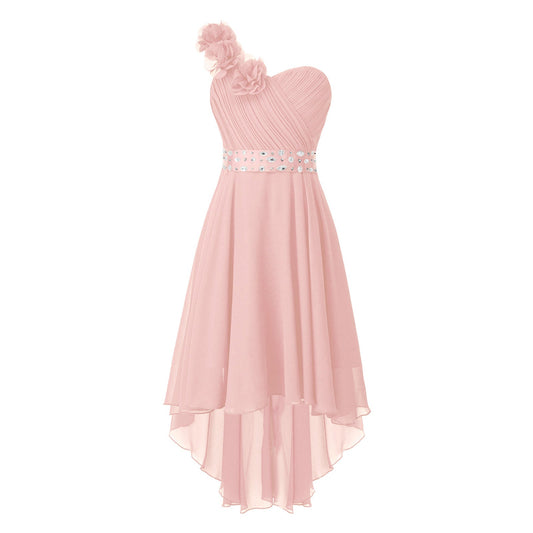 Girls Applique One-Shoulder Ruched Asymmetrical Hem Dress (Age 6-16YRS)