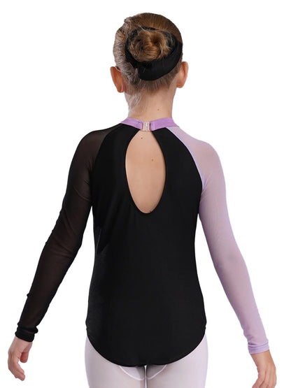 Girls Ballet Dance Leotard Gymnastics  Rhinestones Sheer Mesh Long Sleeve (Age 4-16 YRS)