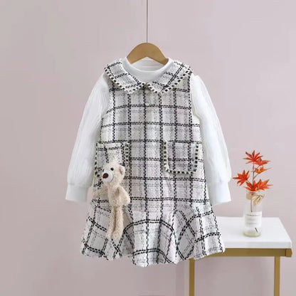 Girls Plaid Dress With Teddy Bear Handbag (Age 24M-6 YRS)