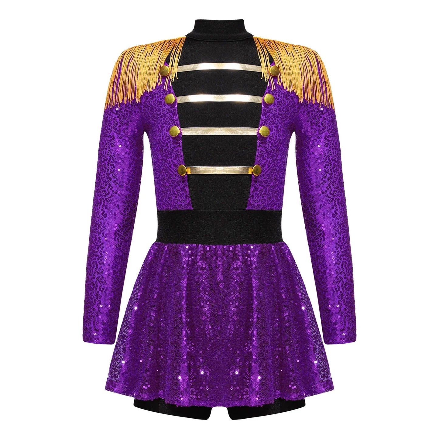 Girls Halloween Circus Ringmaster  Costume Long Sleeve Sequin Leotard Dress (Age 6-14YRS)