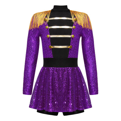 Girls Halloween Circus Ringmaster  Costume Long Sleeve Sequin Leotard Dress (Age 6-14YRS)