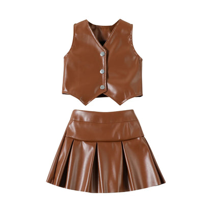 Toddler Girls Faux Leather Sleeveless Vest Top & Pleated Skirt Set (24M-6YRS)