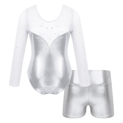 Girls Rhinestone Metallic Dance Bodysuit & Shorts Set (Age 4-12 YRS)
