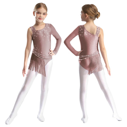 Girls Figure Skating Rhinestone Irregular Tassel Bodysuit Leotard (Age  6-16YRS)