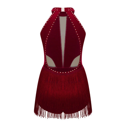 Girls Dance Costume Sleeveless Rhinestone Tassel Leotard (Age 6-16 YRS)