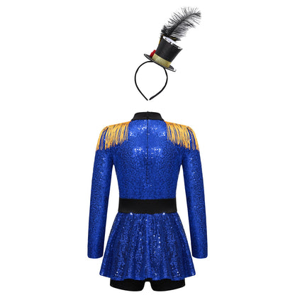 Girls Halloween Circus Ringmaster  Costume Long Sleeve Sequin Leotard Dress (Age 6-14YRS)