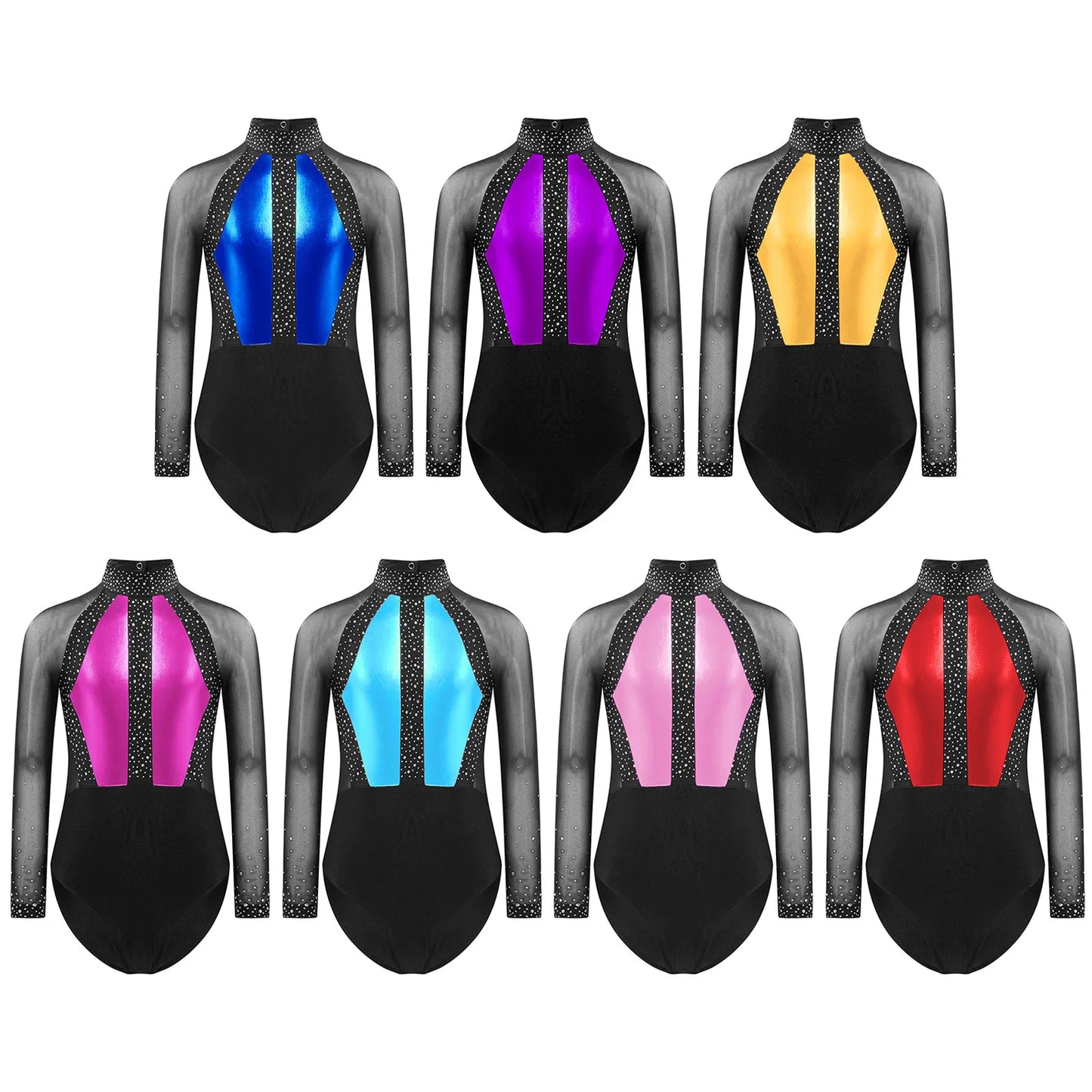 Girls Dance Performance Costume Long Sleeve Rhinestone Leotard (Age 6-16 YRS)