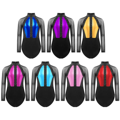 Girls Dance Performance Costume Long Sleeve Rhinestone Leotard (Age 6-16 YRS)