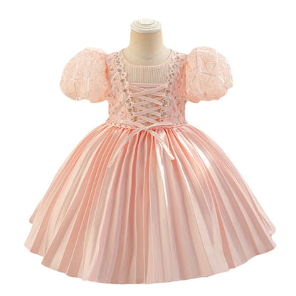 Baby Girls Princess Puff Sleeves Satin Faux Pearls Pleated Tulle Dress (9M-5YRS)