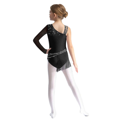 Girls Figure Skating Rhinestone Irregular Tassel Bodysuit Leotard (Age  6-16YRS)
