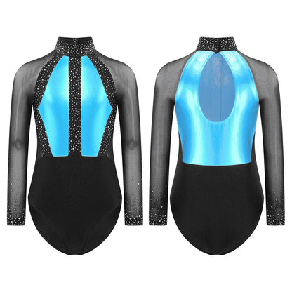 Girls Dance Performance Costume Long Sleeve Rhinestone Leotard (Age 6-16 YRS)