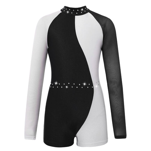 Girls Colorblock Rhinestone Long Sleeve Dance Unitard (Age 6-16 YRS)