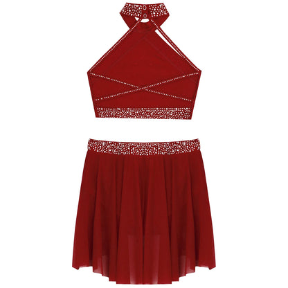 Girls Rhinestones Dance Outfit Tops & Skirt Set (Age 6-16 YRS)
