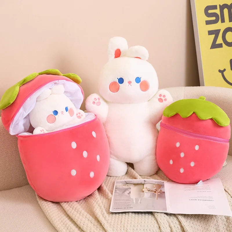 Plush Rabbit Hiding in Strawberry Bag Stuffed Toy 30-80cm