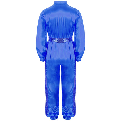 Girls Sequin Satin m Long Sleeve Zipper Jumpsuit (Age 6-16 YRS)