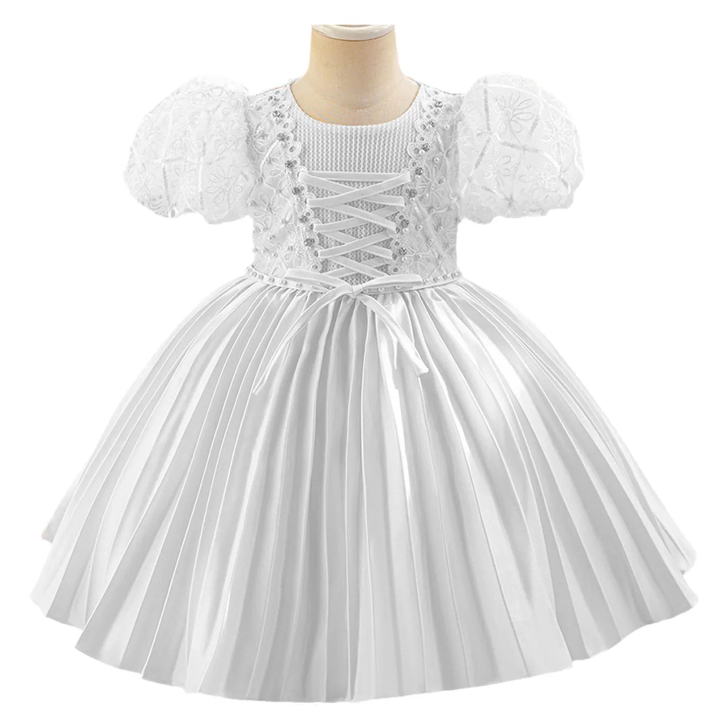 Baby Girls Princess Puff Sleeves Satin Faux Pearls Pleated Tulle Dress (9M-5YRS)